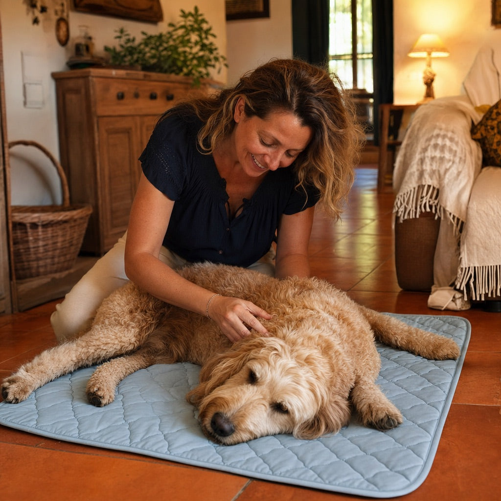 Dueña acariciando a su perro sobre la alfombrilla CasaFiruli
