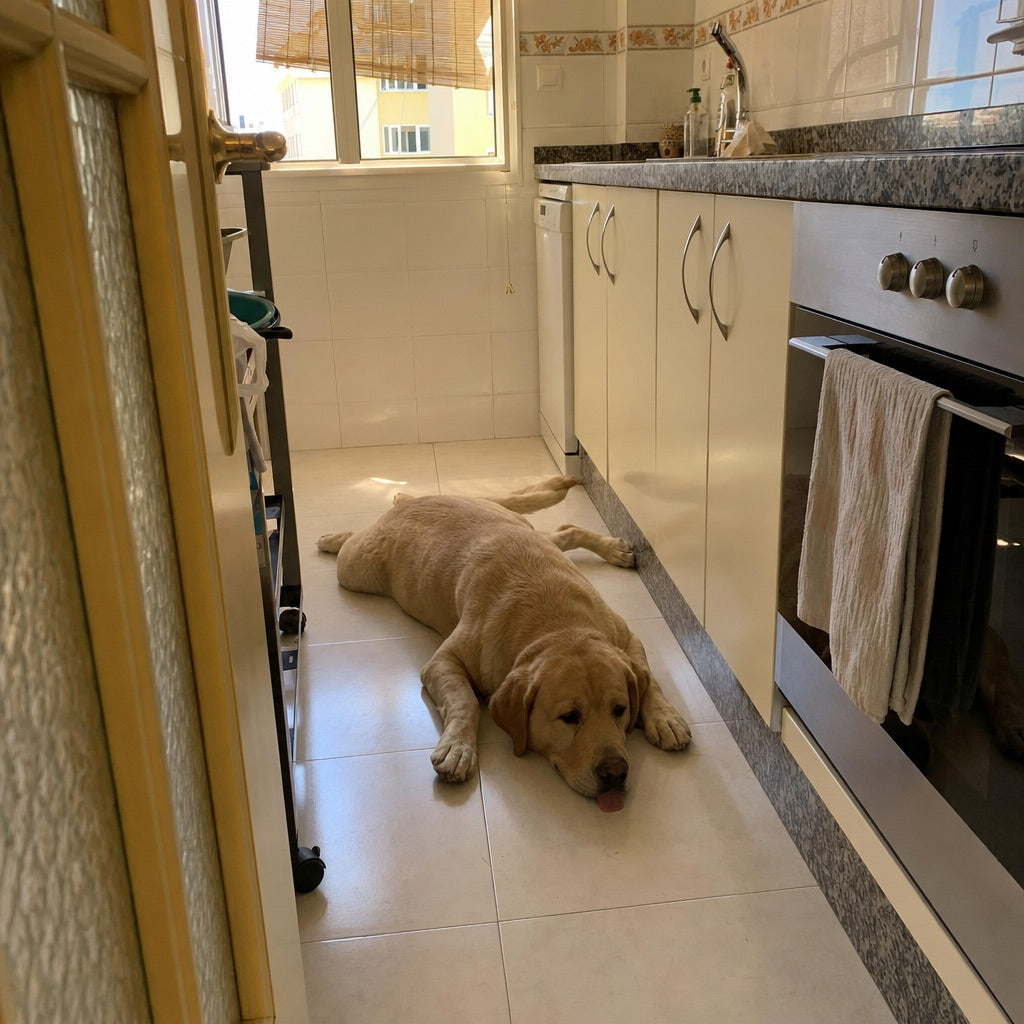 Perro tumbado en las baldosas de la cocina buscando frescor